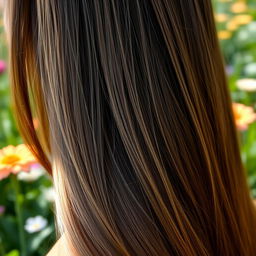 A close-up image of a woman's long, flowing hair, cascading down her shoulders