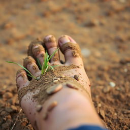 A close-up image of a dirty foot, showing details like mud, grass, and small pebbles stuck to the skin