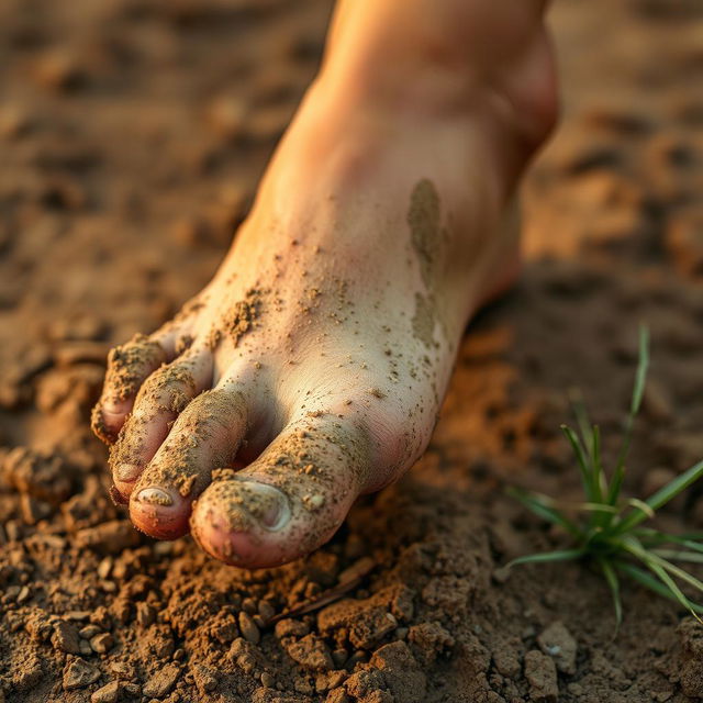 A close-up image of a dirty foot, showing details like mud, grass, and small pebbles stuck to the skin