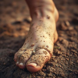 A close-up image of a dirty foot, showing details like mud, grass, and small pebbles stuck to the skin