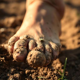 A close-up image of a dirty foot, showing details like mud, grass, and small pebbles stuck to the skin