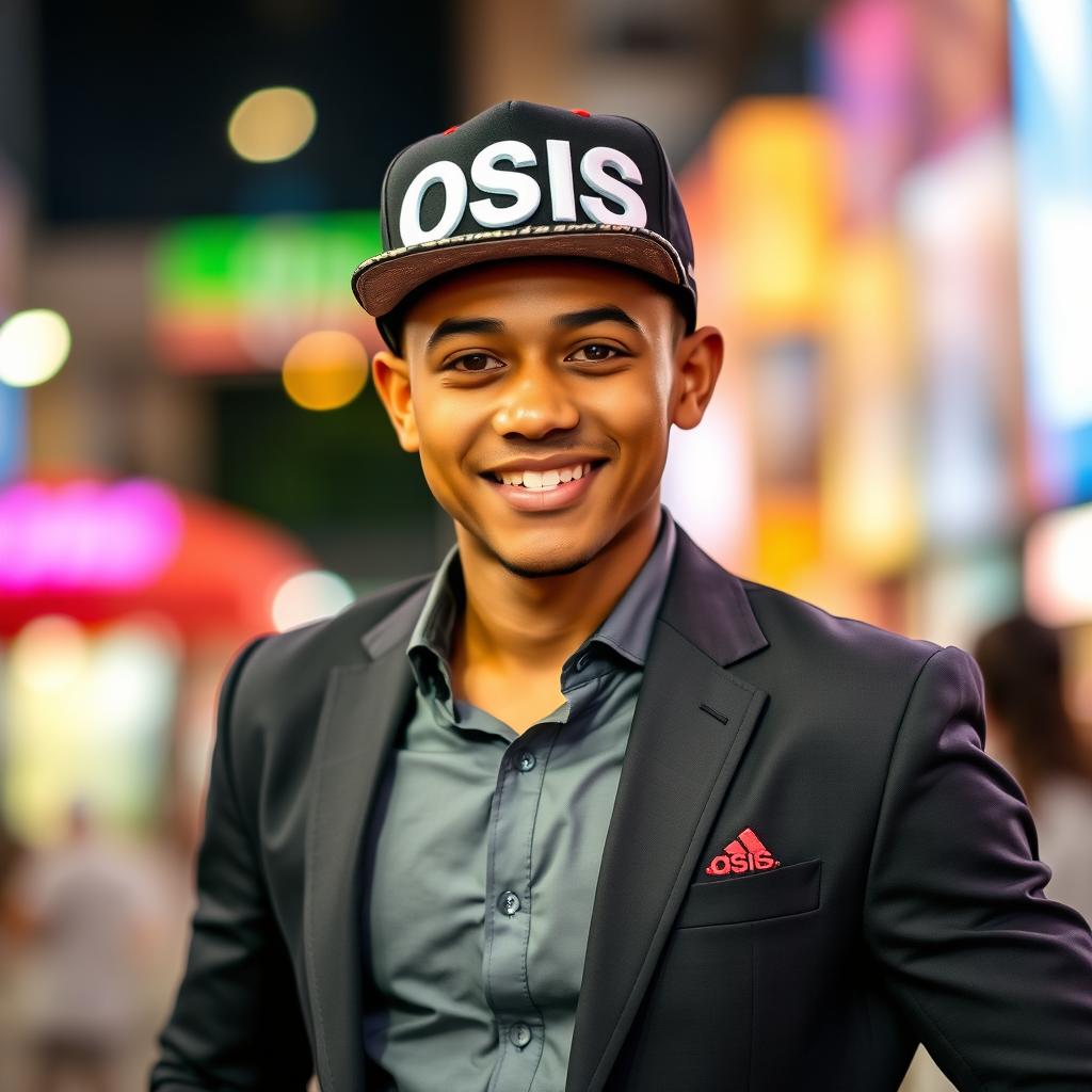 A stylish young man standing confidently, wearing a trendy hat emblazoned with the word 'OSIS' in bold lettering