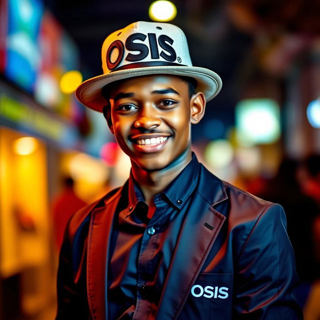 A stylish young man standing confidently, wearing a trendy hat emblazoned with the word 'OSIS' in bold lettering