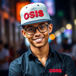 A stylish young man standing confidently, wearing a trendy hat emblazoned with the word 'OSIS' in bold lettering