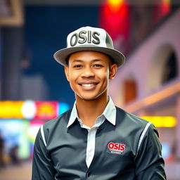 A stylish young man standing confidently, wearing a trendy hat emblazoned with the word 'OSIS' in bold lettering