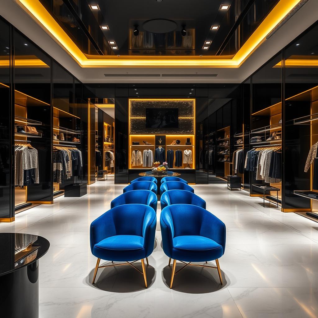 A chic and contemporary fashion store interior featuring a sleek black and gold design aesthetic