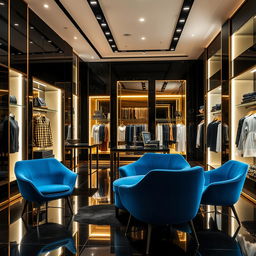 A chic and contemporary fashion store interior featuring a sleek black and gold design aesthetic