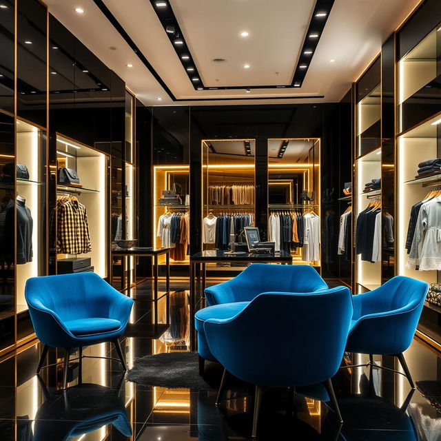 A chic and contemporary fashion store interior featuring a sleek black and gold design aesthetic