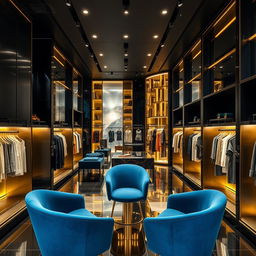 A chic and contemporary fashion store interior featuring a sleek black and gold design aesthetic