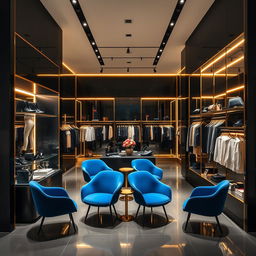 A chic and contemporary fashion store interior featuring a sleek black and gold design aesthetic