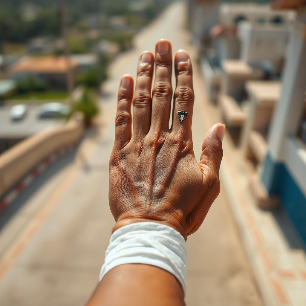 A first-person perspective photograph depicting a man's hand, with Puerto Rican cultural symbols subtly visible on the hand, covered in bandages