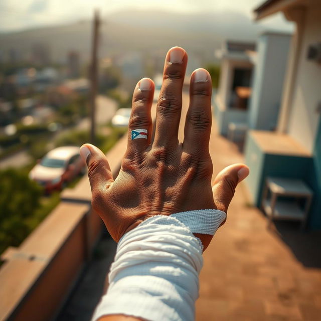 A first-person perspective photograph depicting a man's hand, with Puerto Rican cultural symbols subtly visible on the hand, covered in bandages