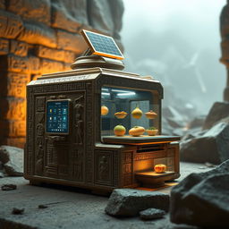 A detailed concept design of a 3D food printer resembling an ancient artifact, featuring intricate carvings and textures inspired by ancient cultures