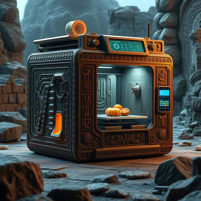 A detailed concept design of a 3D food printer resembling an ancient artifact, featuring intricate carvings and textures inspired by ancient cultures