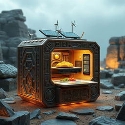 A detailed concept design of a 3D food printer resembling an ancient artifact, featuring intricate carvings and textures inspired by ancient cultures