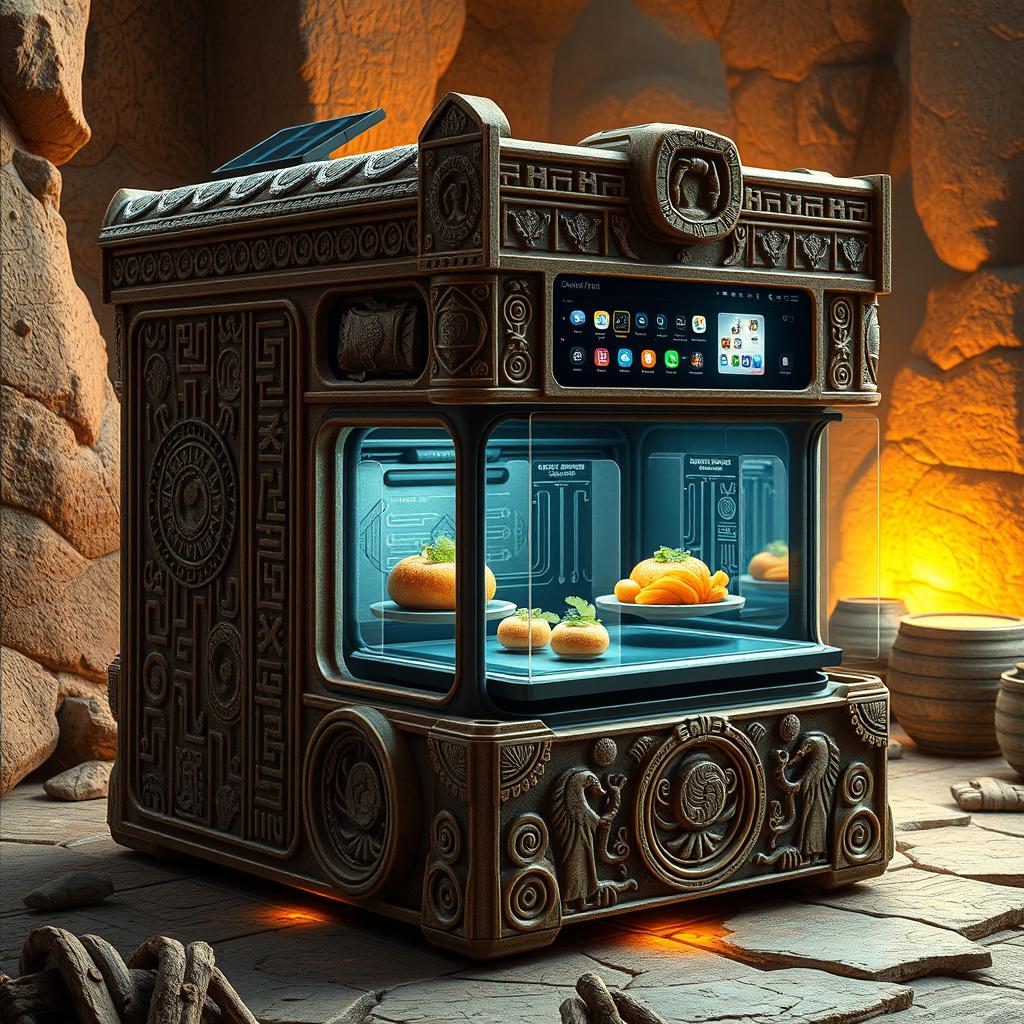 A detailed concept design of a 3D food printer resembling an ancient artifact, featuring intricate carvings and textures inspired by ancient cultures