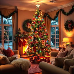 A beautifully decorated Christmas tree inside a cozy living room