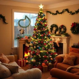 A beautifully decorated Christmas tree inside a cozy living room