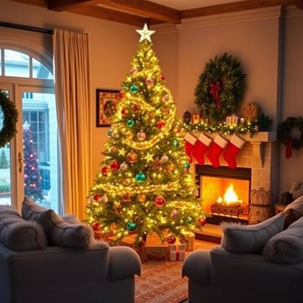 A beautifully decorated Christmas tree inside a cozy living room