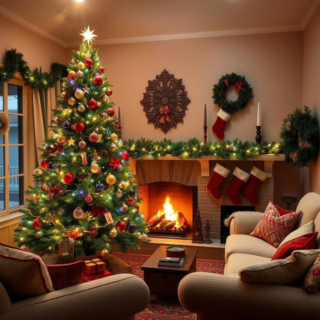 A beautifully decorated Christmas tree inside a cozy living room