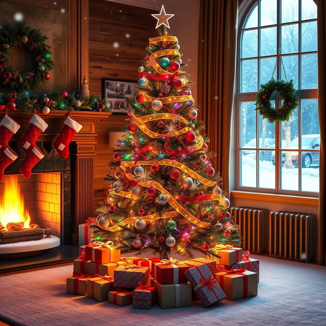 A beautifully decorated Christmas tree standing in a cozy living room