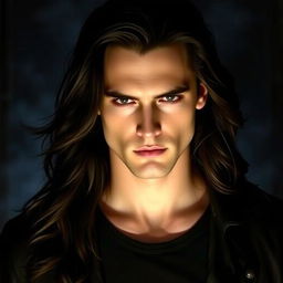 A portrait of a handsome vampire with long, flowing dark hair, reminiscent of Stefan Salvatore from a popular TV show
