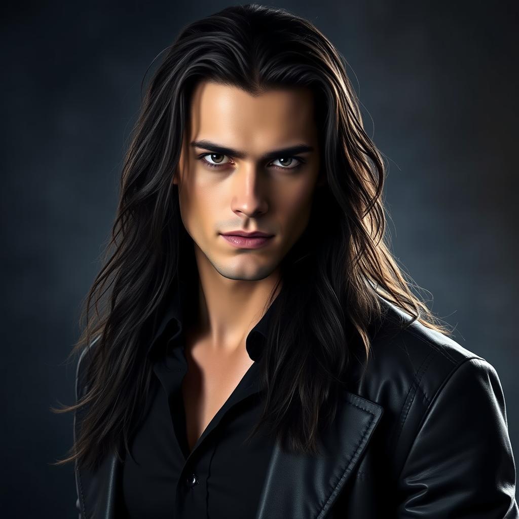 A portrait of a handsome vampire with long, flowing dark hair, reminiscent of Stefan Salvatore from a popular TV show