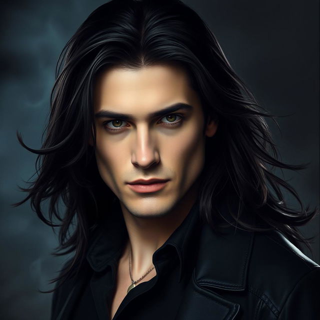 A portrait of a handsome vampire with long, flowing dark hair, reminiscent of Stefan Salvatore from a popular TV show