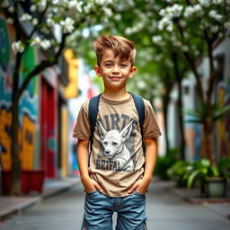 A stylish young boy with a trendy haircut, confidently standing with his hands in his pockets