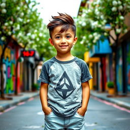 A stylish young boy with a trendy haircut, confidently standing with his hands in his pockets