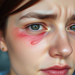 A close-up portrait of a person with natural facial features, showcasing subtle swelling in their left eye and slight redness in both eyes, resembling the appearance of migraine pain