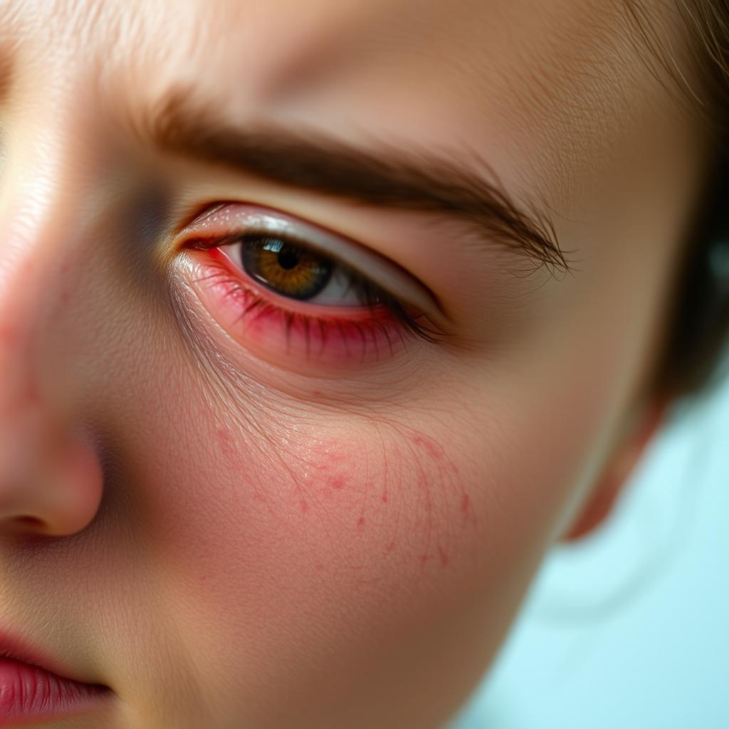 A close-up portrait of a person with natural facial features, showcasing subtle swelling in their left eye and slight redness in both eyes, resembling the appearance of migraine pain