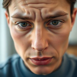 A close-up portrait of a person with natural facial features, showcasing subtle swelling in their left eye and slight redness in both eyes, resembling the appearance of migraine pain