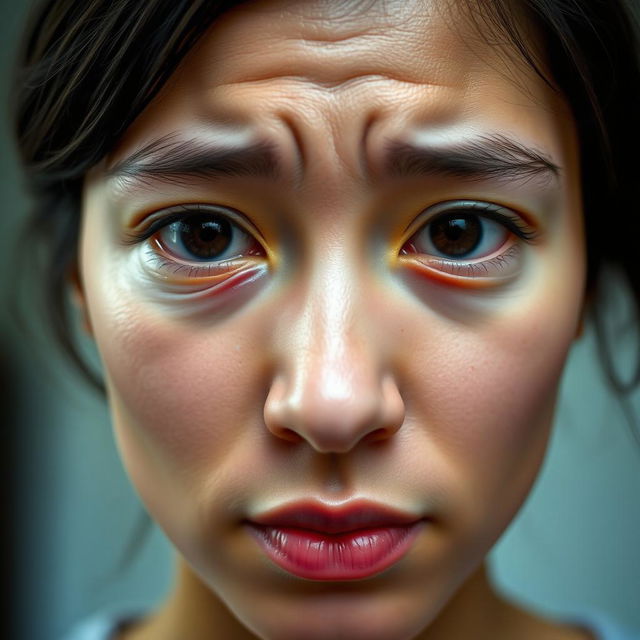 A close-up portrait of a person with natural facial features, showcasing subtle swelling in their left eye and slight redness in both eyes, resembling the appearance of migraine pain