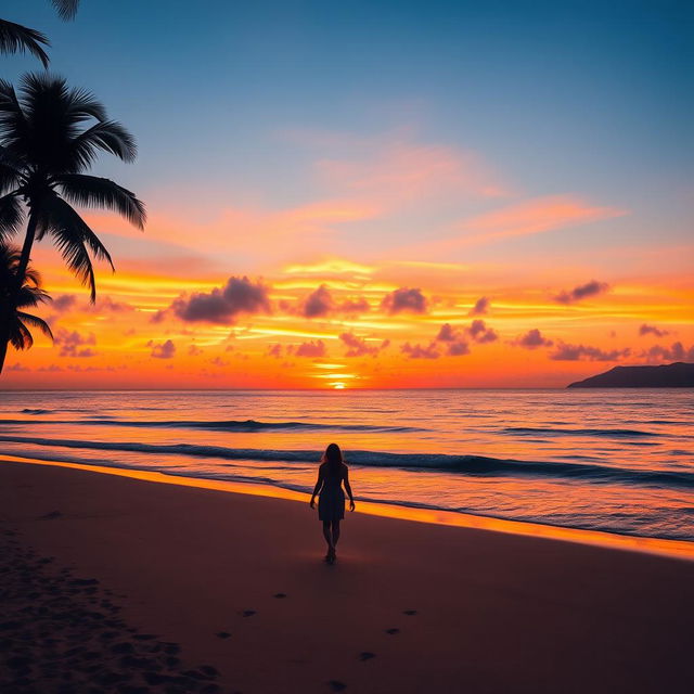 A beautiful sunset over a serene beach, with vibrant orange and pink hues reflecting on calm waves