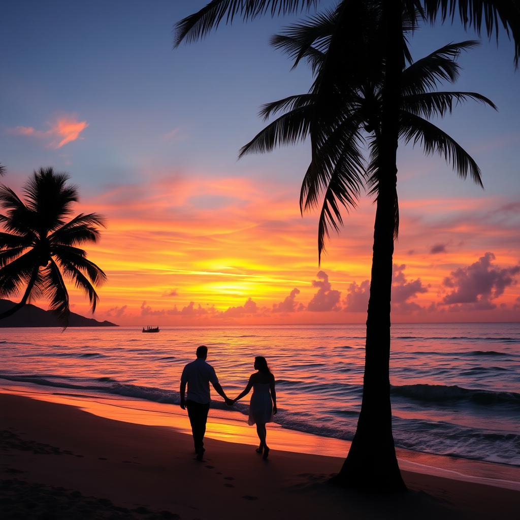 A beautiful sunset over a serene beach, with vibrant orange and pink hues reflecting on calm waves