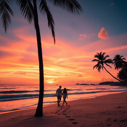 A beautiful sunset over a serene beach, with vibrant orange and pink hues reflecting on calm waves