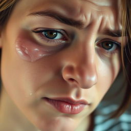 A close-up portrait of a person with a subtle swelling in the left eye, and slightly red eyes as if experiencing migraine pain