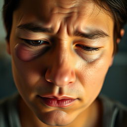 A close-up portrait of a person with a subtle swelling in the left eye, and slightly red eyes as if experiencing migraine pain