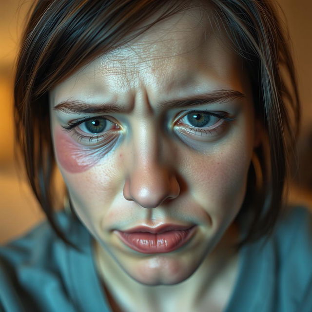 A close-up portrait of a person with a subtle swelling in the left eye, and slightly red eyes as if experiencing migraine pain