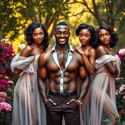 A striking image featuring a confident black man surrounded by four stunning women, all featuring elegant poses