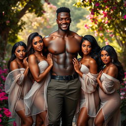 A striking image featuring a confident black man surrounded by four stunning women, all featuring elegant poses