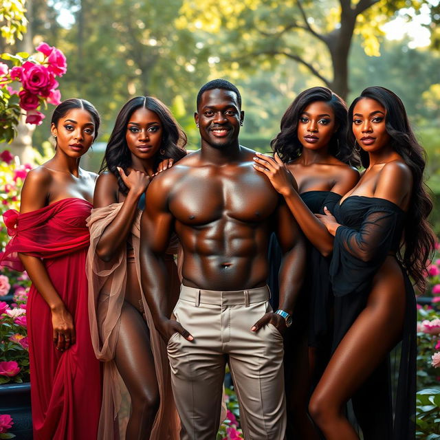 A striking image featuring a confident black man surrounded by four stunning women, all featuring elegant poses