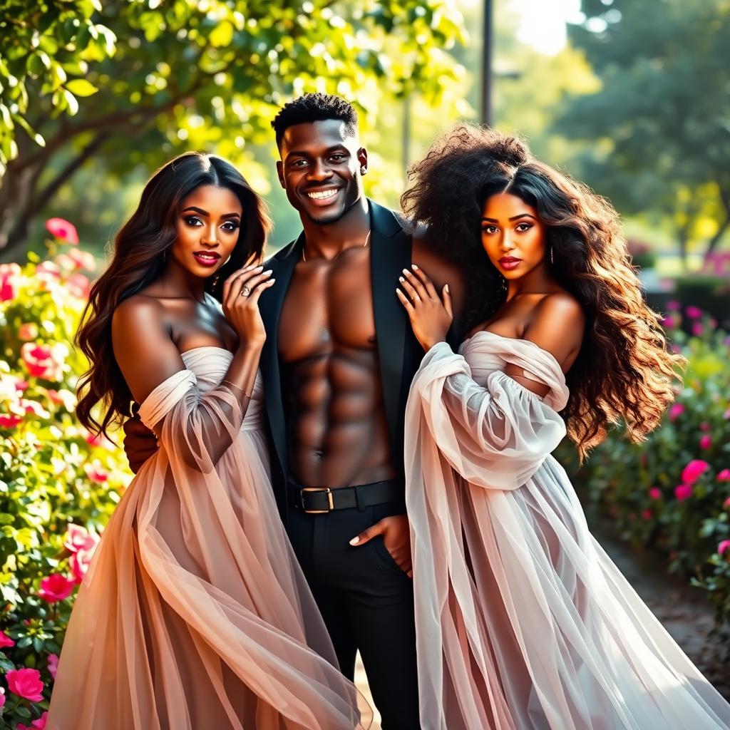 A striking image featuring a confident black man surrounded by four stunning women, all featuring elegant poses