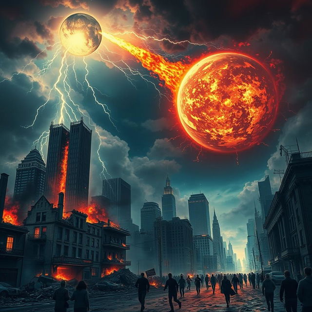 A vivid depiction of the apocalypse, showcasing a chaotic and dramatic end of the world scenario