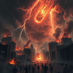 A vivid depiction of the apocalypse, showcasing a chaotic and dramatic end of the world scenario