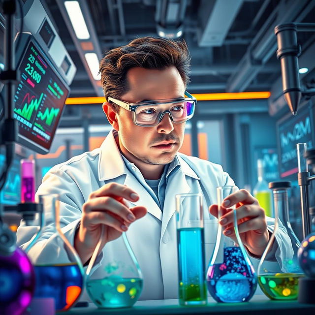 A depiction of Elon Musk as a scientist, engaged in a high-tech laboratory experiment