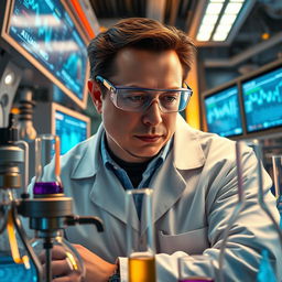 A depiction of Elon Musk as a scientist, engaged in a high-tech laboratory experiment
