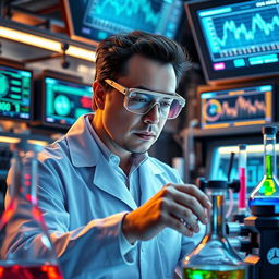 A depiction of Elon Musk as a scientist, engaged in a high-tech laboratory experiment