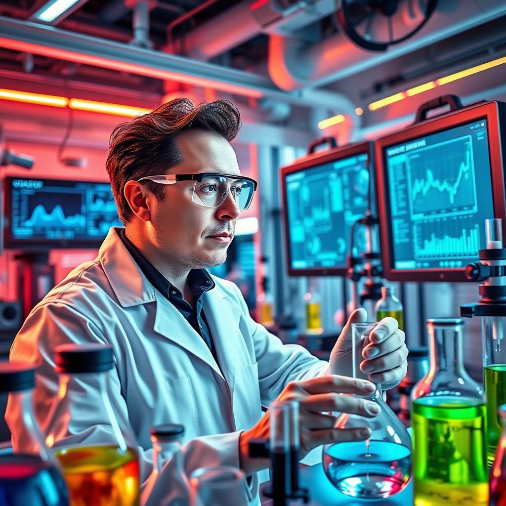 A depiction of Elon Musk as a scientist, engaged in a high-tech laboratory experiment